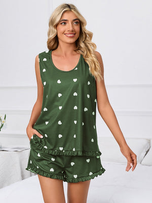 Army green heart print loungewear set with ruffled hem shorts and sleeveless top.