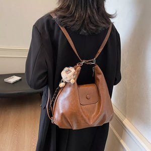 Pu Leather Medium Shoulder Bag in Brown, model styling view