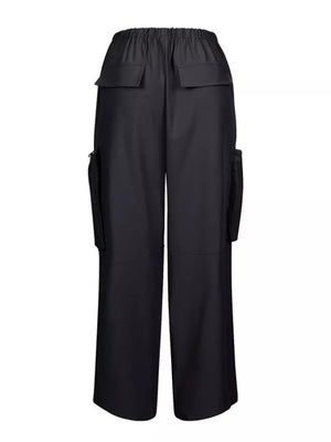 Drawstring Cargo Pants With Zipper Accents in Black, fit detail