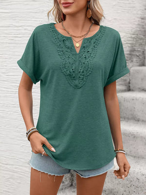 Dark green relaxed fit t-shirt with lace inset neckline and cuffed short sleeves.