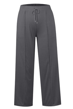 Seamed palazzo lounge trousers in dark gray with drawstring waist and wide legs.