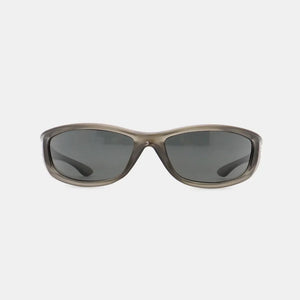 Sculpted sport sunglasses in gray with dark lenses and athletic frame.