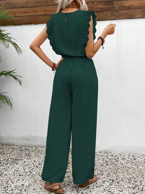 Dark green textured ruffle sleeve drawstring jumpsuit with wide legs