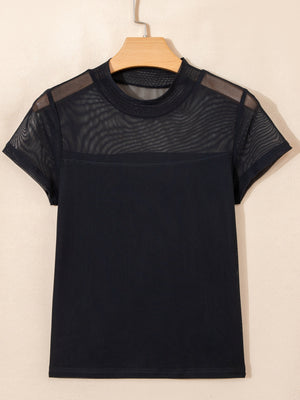 Black sheer mesh cap sleeve t-shirt with a high neckline and opaque bottom half.
