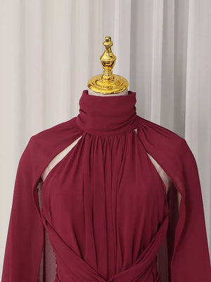 Ruched Halter Neck Cape Maxi Dress in Red, fabric detail