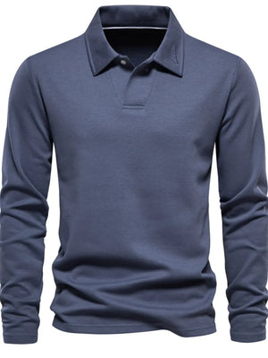 Dusty blue long sleeve polo shirt with collar detail and button placket