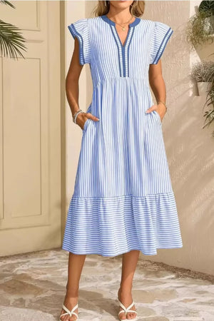 Light blue striped midi dress with ruffle sleeves and pockets
