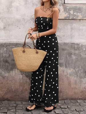 Black strapless wide-leg jumpsuit with white polka dots and elastane.