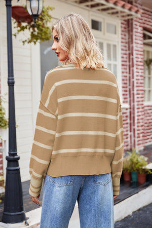 Striped polo collar knit sweater in tan with cream stripes, acrylic, casual fit.