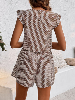 Textured ruffle sleeve co-ord set with shorts in a brown and white geometric pattern.