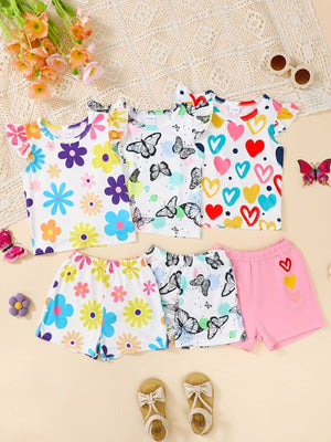 Baby sets with butterfly and heart prints, floral patterns, flutter sleeves, and shorts.
