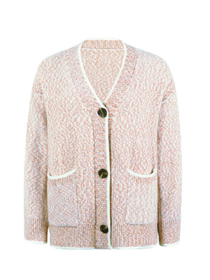 Blush pink textured knit cardigan with contrast trim and buttons