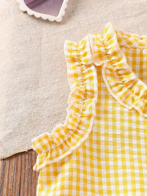 Light yellow gingham baby set with ruffled neckline and armholes.