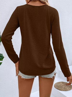 Full Size V-neck Decor Button Long Sleeve T-shirt Plus Size in Red, view 18
