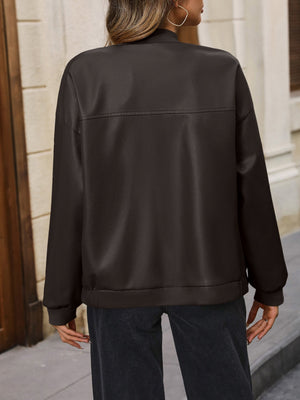 Brown zip up bomber jacket with ribbed cuffs and hem, featuring a horizontal seam detail on the back.