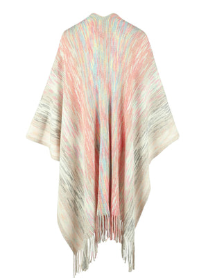Knit wrap coat with fringe and pastel stripe pattern in pink, yellow, blue, and grey.