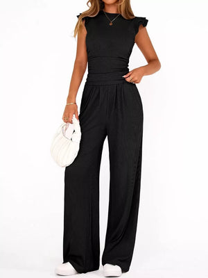 Black ruffled cap sleeve maternity top and wide leg pants set