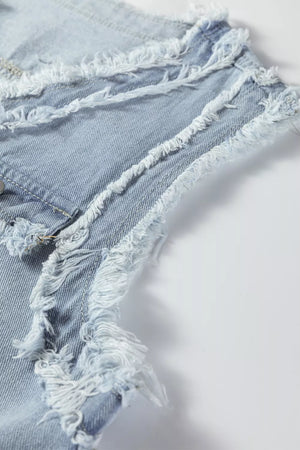 Light wash denim vest with frayed edges and chest pockets.