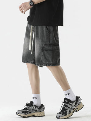 Black denim cargo shorts with drawstring and pockets