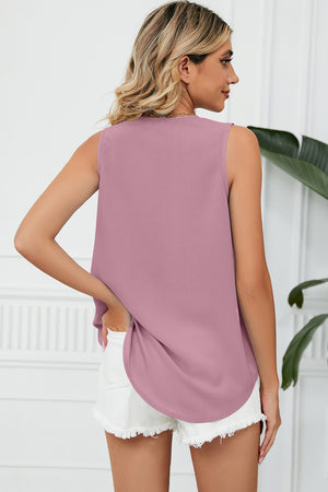 Lace-trimmed V-neck tank top in Dusty Pink with a curved hem.