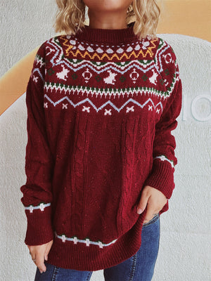 Burgundy acrylic cable knit turtleneck sweater with Fair Isle pattern and ribbed cuffs and hem.