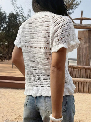 Seashell Crochet Knit Top in White, back view