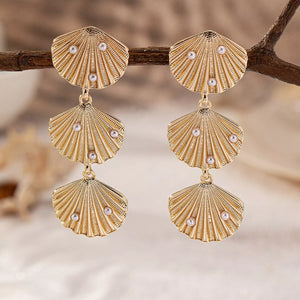 Gold seashell dangle earrings with pearls, 18K gold-plated
