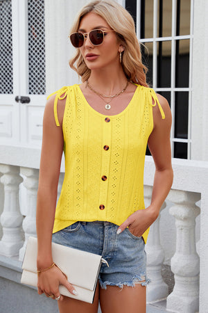Yellow eyelet button-down tank top with tie shoulders and scoop neck