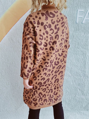 Caramel leopard print knit mini dress with a mock neck and long sleeves.