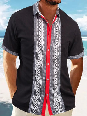 Black textured Cuban shirt with geometric panel and red placket.