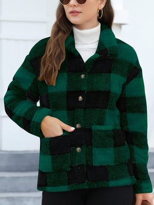 Plaid sherpa overshirt jacket in dark green and black with button front and pockets.
