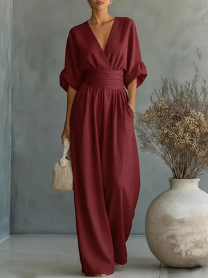 Full Size Half Sleeve Wide Leg Jumpsuit, fabric detail