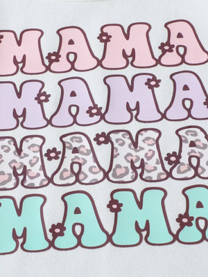 White cotton baby tee with stacked "Mama" graphic in pink, purple, leopard print, and mint blue.