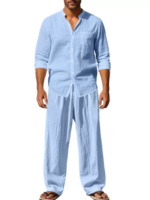 Light blue linen blend casual two-piece set for men, band collar shirt and wide-leg pants.