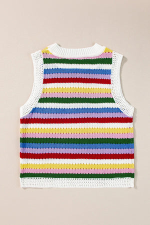 Rainbow stripe crochet tank top with white trim and crew neck.