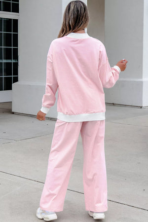 Striped Long Sleeve Top And Pants Set in Blush Pink, side view