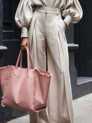 Khaki lantern sleeve shirt and wide-leg pants set with pleated front.