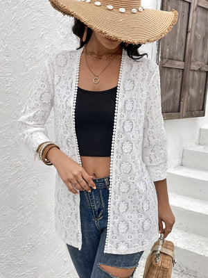 White floral lace open-front duster with beaded trim and 3/4 sleeves.