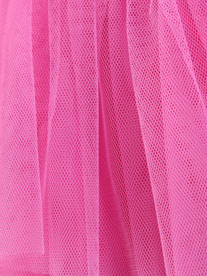 Pink tulle layered baby dress with a close-up view of the fabric texture.