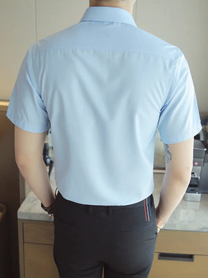 Men's Short Sleeve Slim Fit Casual Shirt in Light Blue, model styling view