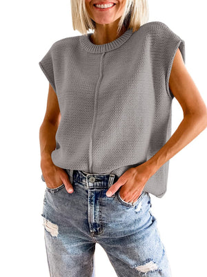 Center seam knit tank top in charcoal with a crew neck and short sleeves.