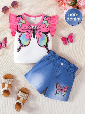 Baby butterfly graphic set with ruffled pink sleeves and denim shorts with butterfly applique.