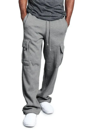 Gray fleece cargo lounge trousers with drawstring waist and multiple pockets.