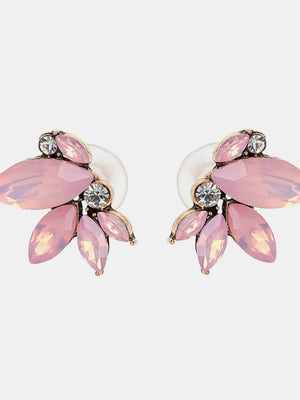 Blush pink gemstone petal cluster stud earrings with antique gold alloy setting and clear crystals.