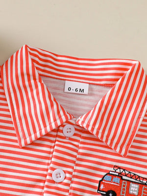 Coral striped baby polo shirt with embroidered firetruck detail and white buttons.
