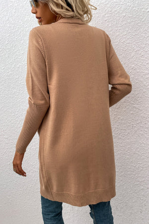 Khaki ribbed cuff open-front cardigan with a relaxed fit.