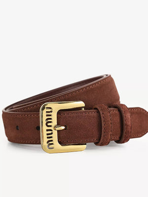 Brown cowhide leather belt with gold buckle and adjustable strap