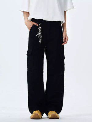 Black 100% cotton wide-leg cargo pants with a keychain detail.