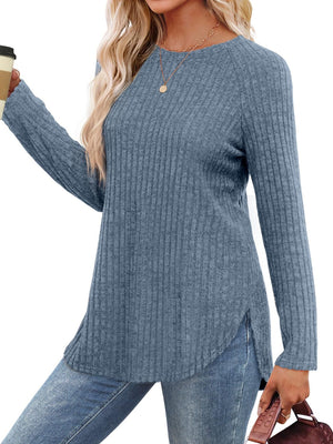 Dusty Blue ribbed knit sweater with raglan sleeves and asymmetric hem detail