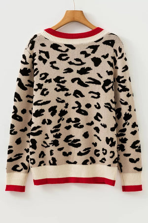 Leopard Pattern V-neck Ribbed Sweater in Leopard, fabric detail